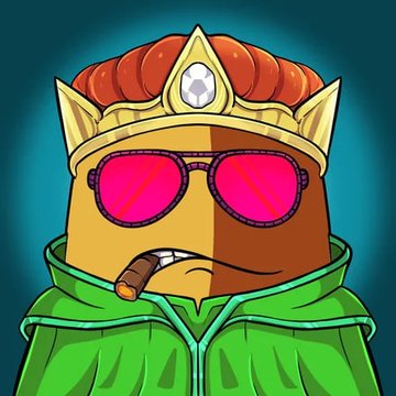 An illustrated cartoon character with a crown, red sunglasses, a cigar, and green hoodie against a teal background.
