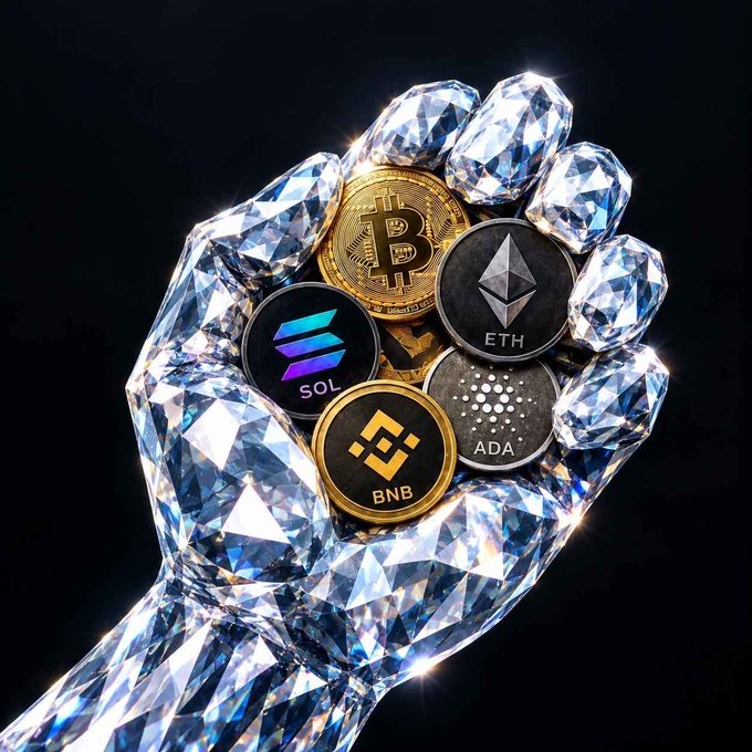 A crystalline diamond hand clutches several cryptocurrency coins, including Bitcoin (BTC), Ethereum (ETH), Solana (SOL), Binance Coin (BNB), and Cardano (ADA), set against a black background.
