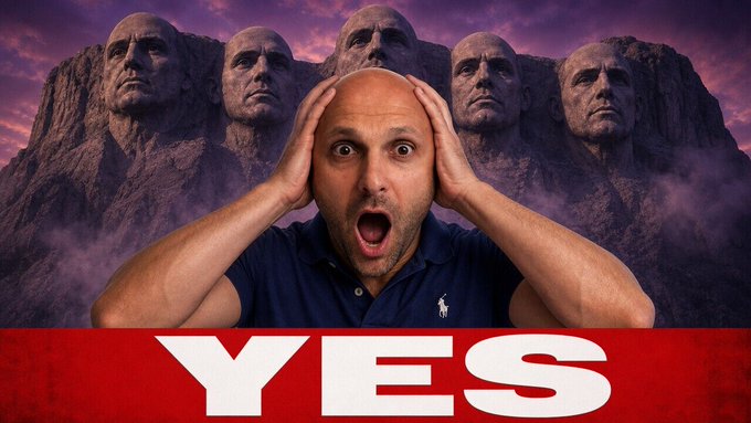 A YouTube thumbnail showing a shocked bald man with hands on his head in front of a Mount Rushmore-style monument, with "YES" displayed prominently in white text on a red banner across the bottom. The dramatic imagery of a surprised reaction paired with a mountain of presidential faces suggests a revelatory or "mind-blown" video about XRP's final votes, matching the post's "don't sleep on it" urgency.