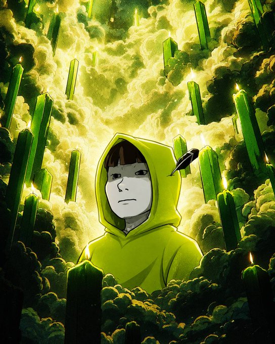 An illustrated artwork of a figure wearing a yellow hoodie with a neutral facial expression, surrounded by floating green crystalline structures and glowing clouds in a surreal atmosphere.