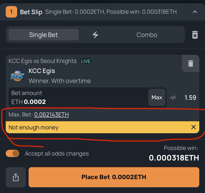 A betting slip interface showing a single bet of 0.0002 ETH on KCC Egis vs Seoul Knights, with odds of 1.59, and a yellow error message stating 'Not enough money' with a max bet of 0.062143 ETH.