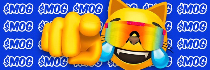 A meme graphic features a yellow cat face wearing rainbow sunglasses with an excited open-mouthed expression, pointing at the viewer against a blue background covered in a repeating pattern of the text "$MOG".