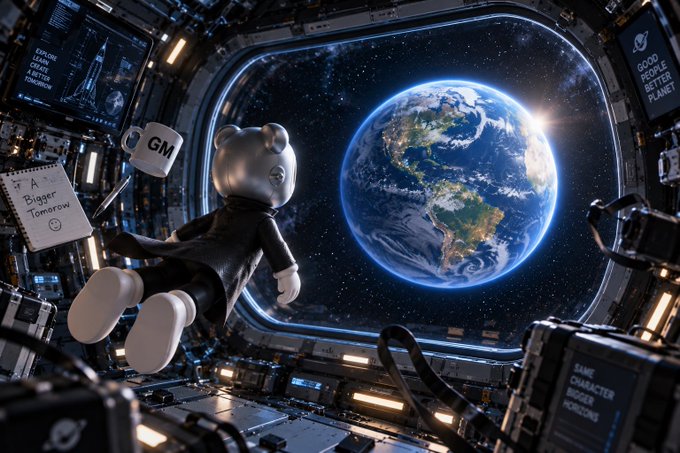 A toy bear figure floats in a spacecraft interior with Earth visible through a large window, surrounded by signs reading 'GM', 'A Bigger Tomorrow', 'EXPLORE LEARN CREATE A BETTER TOMORROW', 'GOOD PEOPLE BETTER PLANET', and 'SAME CHARACTER BIGGER HORIZONS'.