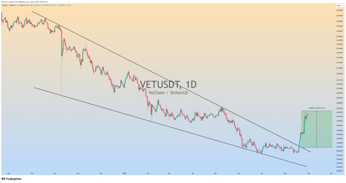 A TradingView candlestick chart for VETUSDT on WeChain/TetherUS showing a descending channel pattern with a recent price breakout.