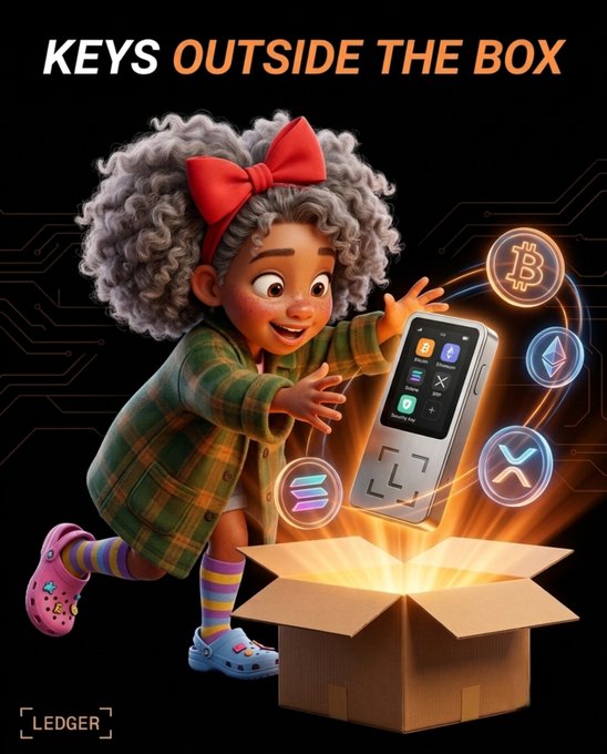 A Ledger crypto hardware wallet ad titled 'KEYS OUTSIDE THE BOX' featuring a 3D animated child pulling a glowing Ledger device from a box, surrounded by crypto coin icons including Bitcoin, Ethereum, XRP, and Solana.
