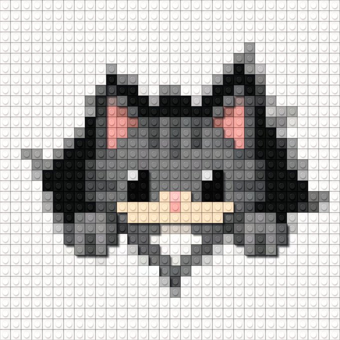 A pixel art Lego-style image of a Batman cowl/mask with pink eyes and a small pink nose sits on a white grid background, serving as a visual motif for a MeowBrix NFT mint announcement detailing Ethereum mint times, pricing tiers, and a whitelist link at meowbrix.art/whitelist.