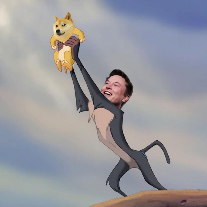 A cartoon illustration showing Elon Musk's face on a slender, elongated body lifting a Shiba Inu dog high into the air against a cloudy sky.