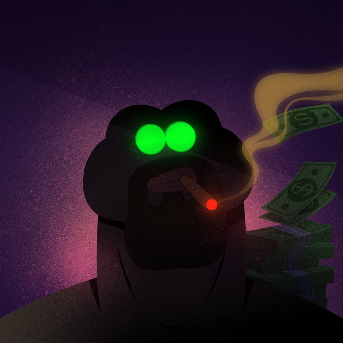 A shadowy monkey-like figure with glowing green eyes smokes a cigarette, with smoke forming dollar signs and money bills emerging from it, evoking the thrill of rare NFT hunting and potential profits.