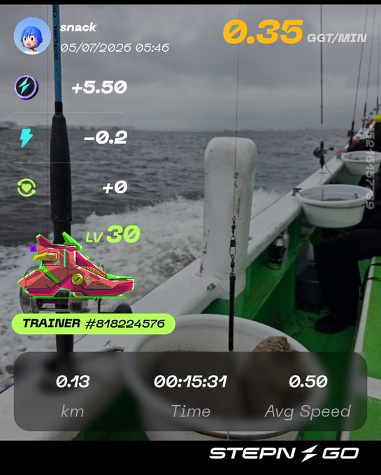 A STEPN GO fitness app screenshot showing a fisherman with a Level 30 pink sneaker NFT, displaying 0.35 GGT/MIN earnings and 0.13 km walked.
