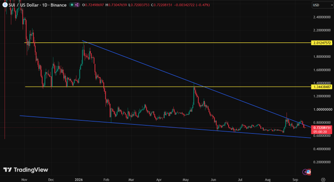 A TradingView candlestick chart for the SLF / US Dollar (SLFUSD) pair on Binance, showing a long-term downtrend with blue descending trendlines and yellow horizontal support/resistance levels at 1.344 and 2.018.
