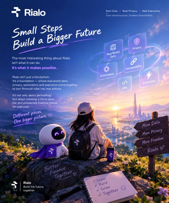 A promotional graphic for 'Rialo' features the tagline 'Small Steps Build a Bigger Future' alongside an illustration of a girl and a robot overlooking a futuristic city, highlighting 'Real-World Data', 'Privacy', 'Automation', 'Interoperability', and 'Execution'.