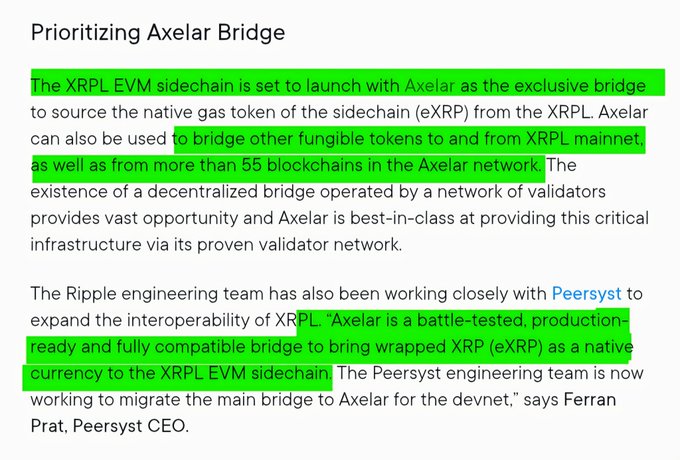 The image is a text excerpt titled "Prioritizing Axelar Bridge," highlighting that the XRPL EVM sidechain will launch with Axelar as the exclusive bridge for sourcing eXRP from the XRP Ledger, while also bridging other tokens across 55+ blockchains. It mentions Peersyst's collaboration with Ripple's engineering team to use Axelar as a battle-tested bridge for bringing wrapped XRP (eXRP) to the XRPL EVM sidechain.