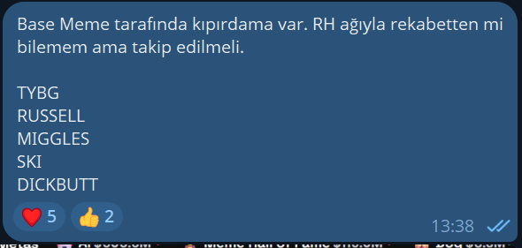 A screenshot of a social media post (in Turkish) noting a breakout in Base Memes, warning about RH competition and advising to monitor, followed by a list of ticker symbols: TYBG, RUSSELL, MIGGLES, SKI, and DICKBUTT. The post received 5 hearts and 2 likes, and matches the accompanying caption highlighting $TYBG, $MIGGLES, $SKI, and $DICKBUTT.