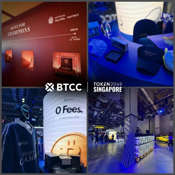 A four-panel collage promoting BTCC as the official regional partner of Token 2049 Singapore, showing 'Built for Champions' branding, '0 Fees' promotion, branded merchandise, and the conference venue.