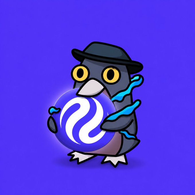 A cartoon illustration depicts a penguin wearing a black hat holding a blue and white orb with a stylized logo on a purple background.