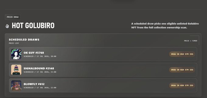 A dark-themed interface for "HOT GOLUBIRO" prize draws showing scheduled draws including OK GUY #5768, SIGNALBOUND #2148, and BLOWFLY #612.