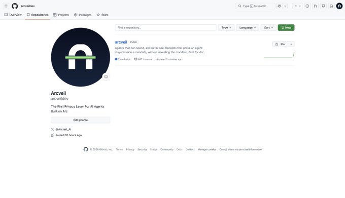 A GitHub repository page for 'Arcveil' (@Arcveil_AI), described as 'The First Privacy Layer For AI Agents', owned by @Arcveil_AI and updated 10 hours ago.