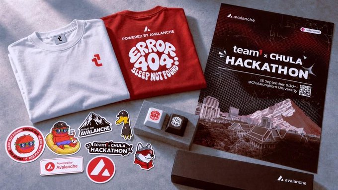 A flat-lay photo of hackathon merchandise including a white t-shirt, a red 'Error 404 Sleep Not Found' t-shirt, stickers, a keychain, and a brochure for 'Team x Chula Hackathon' sponsored by Avalanche.