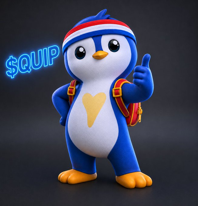 The image features a cartoon penguin character wearing a backpack and giving a thumbs up gesture. The text "Quip" is written above the penguin, indicating that Quip Network is present in the scene. The post also mentions that Quip is focused on building a decentralized quantum network, which is an innovative approach to computing compared to traditional centralized systems.

The image does not contain any other objects or people, and it does not provide specific information about the content of the post.
