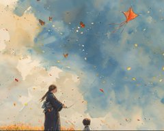 The image features an artist's illustration of a woman dressed in traditional clothing standing next to a child who appears to be flying a kite. The scene takes place outdoors, with the sky filled with clouds above them. The artwork seems to capture a moment of joy and togetherness between the two individuals as they enjoy their time outside.