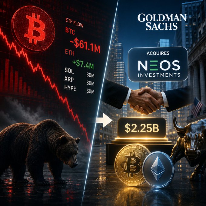 A financial infographic contrasting bearish crypto markets (Bitcoin, ETH ETF flows showing BTC -$61.1M, ETH +$7.4M) with a Goldman Sachs acquisition of Neos Investments for $2.25B, featuring a bear and bull statue.