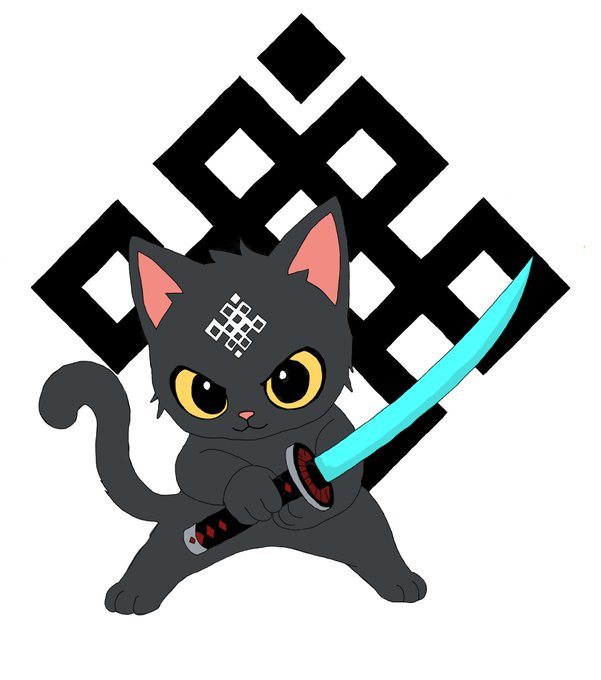 An illustration of a black cartoon cat with pink ears holding a glowing cyan sword, with a white geometric pattern on its forehead, posed in front of a black endless knot symbol.