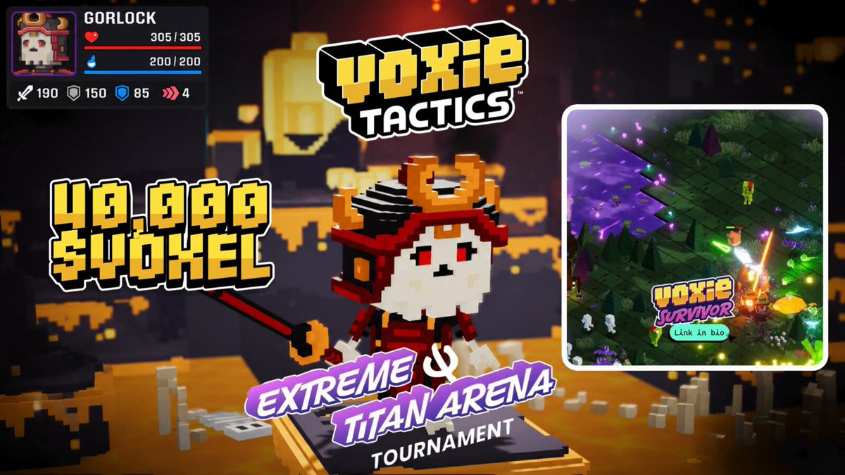 The image features a poster for a video game called "Voxie Tactics" with a character wearing an orange outfit standing next to a sword, ready for battle. The poster also includes information about the game's prizes, such as 40,000 $VOXEL and a chance to win at least one of the two extreme arenas in the post.