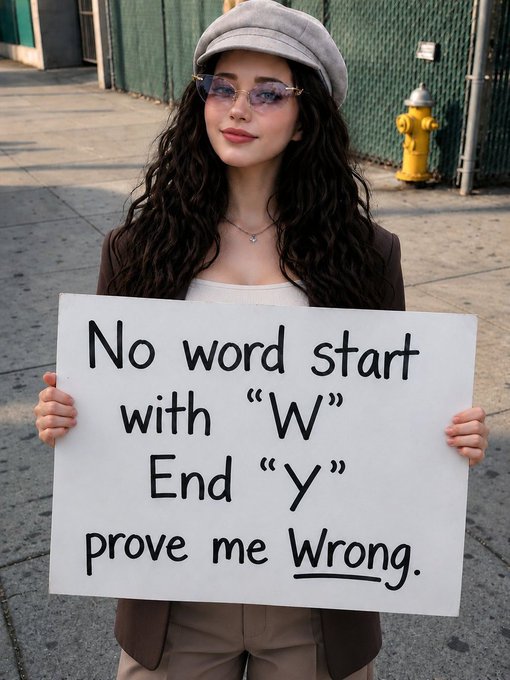 A woman wearing sunglasses and a beret holds a handwritten sign reading 'No word start with W End y prove me Wrong.', with 'Wrong' underlined.