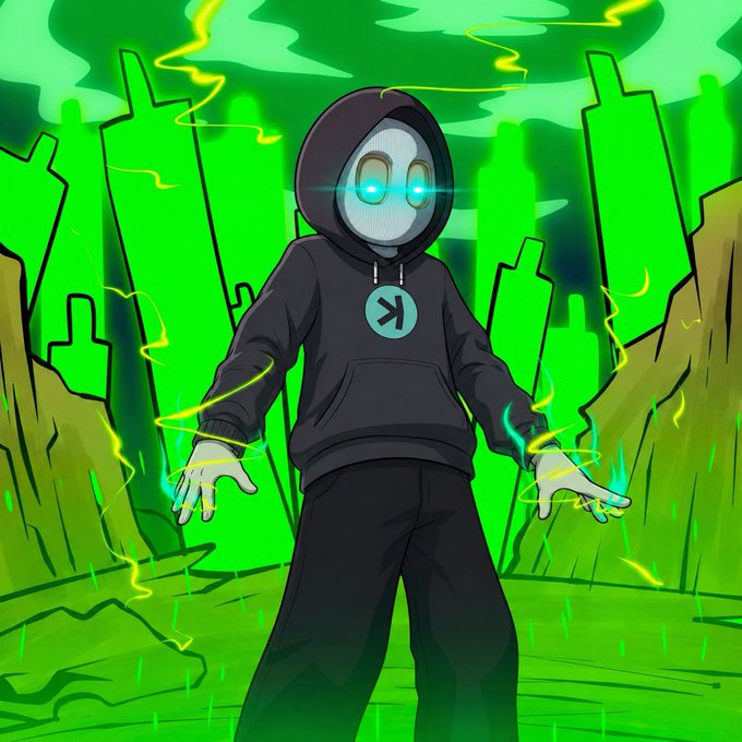 A hooded, masked figure with glowing eyes channels crackling green energy against an apocalyptic neon cityscape, the chaotic "wick hunter" aesthetic symbolizing a brutal BTC liquidation sweep down to the $75,000 level before reversing higher.