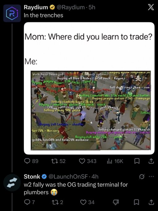 A social media post by Raydium (@Raydium) captioned 'In the trenches' featuring a meme about learning to trade from Old School RuneScape's Grand Exchange, with a comment from Stonk (@LaunchOnSF) calling it the OG trading terminal for plumbers.