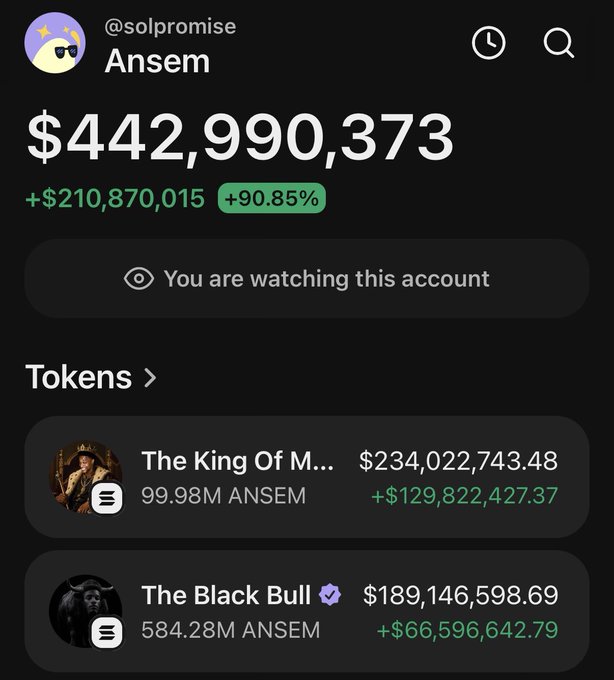 A screenshot of a crypto tracking app showing user @solpromise's "Ansem" wallet with a portfolio value of $442,990,373 (+90.85%), featuring two tokens: "The King Of M..." (99.98M ANSEM, $234,022,743.48) and "The Black Bull" (584.28M ANSEM, $189,146,598.69). The massive gains displayed in the wallet visually support the post's caption about "Ansem's" wallet being aspirational goals for crypto traders.