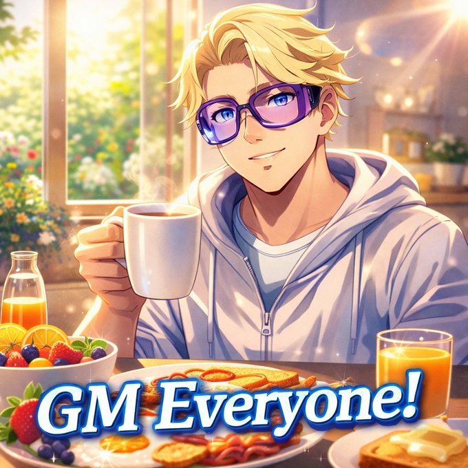 An anime-style illustration of a blonde-haired character wearing purple sunglasses, holding a coffee mug at a breakfast table, with the text "GM Everyone!" displayed.
