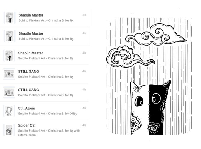 Screenshot of NFT sale records showing items like 'Shaolin Master', 'STILL GANG', and 'Spider Cat' sold to Plektani Art - Christina S., alongside an illustration of a black cat and clouds in rain.