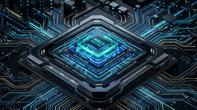 The image features a square circuit board with blue and green lights, which appears to be an electronic device or computer chip. The circuit board has various components such as resistors, capacitors, and transistors. The background of the image is black, providing contrast for the circuit board's colors. The caption below the image reads: "Where traditional privacy solutions fall short, a new vision is emerging to rebuild the decentralized future @RialoHQ Data Privacy vs. Transparency Web3 brought us financial freedom, but major gaps in privacy still remain."