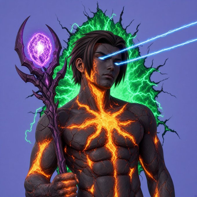 Digital fantasy art of a muscular figure with cracked, lava-filled skin holding an ornate purple staff, with green energy behind and blue laser beams shooting from the eyes.