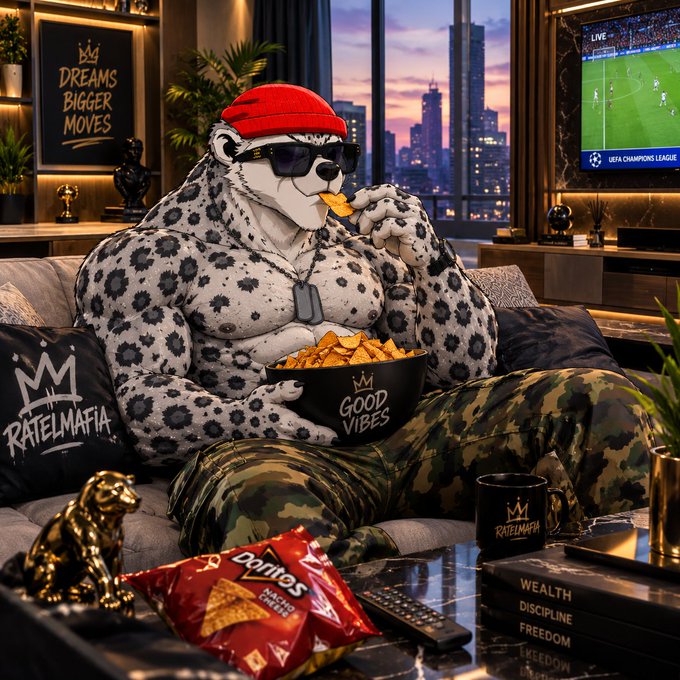 A muscular anthropomorphic snow leopard character wearing a red cap, sunglasses, and camouflage pants lounges on a couch eating Doritos Nacho Cheese chips while watching a UEFA Champions League soccer match on TV, with a 'Good Vibes' bowl, 'Ratelmafia' decor, and books labeled 'Wealth, Discipline, Freedom' nearby.