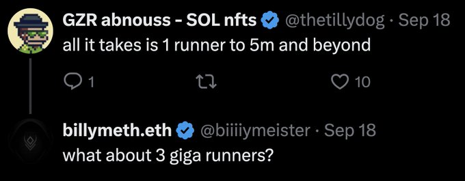A Twitter screenshot shows @thetillydog posting 'all it takes is 1 runner to 5m and beyond' with 10 likes, and @biiiiymeister replying 'what about 3 giga runners?'