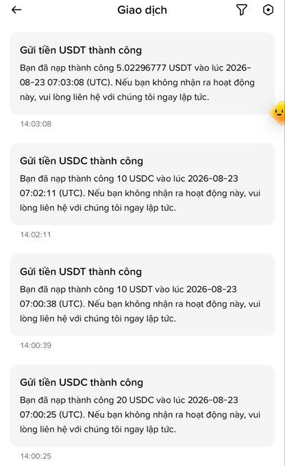 A mobile screenshot titled "Giao dịch" (Transactions) shows a series of successful deposit notifications in Vietnamese, confirming transfers of 5.02296777 USDT, 10 USDC, 10 USDT, and 20 USDC to Binance on 2026-08-23, reflecting the gradual accumulation of small crypto deposits.