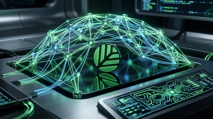 A futuristic 3D render of a glowing green neural network or blockchain structure over a circuit board, with a green leaf logo in the center.