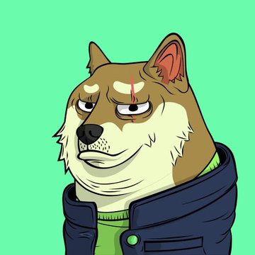 A stylized cartoon portrait of a Shiba Inu dog with a scarred eye, wearing a dark hoodie against a green background, resembling the 'Cheems' meme character.