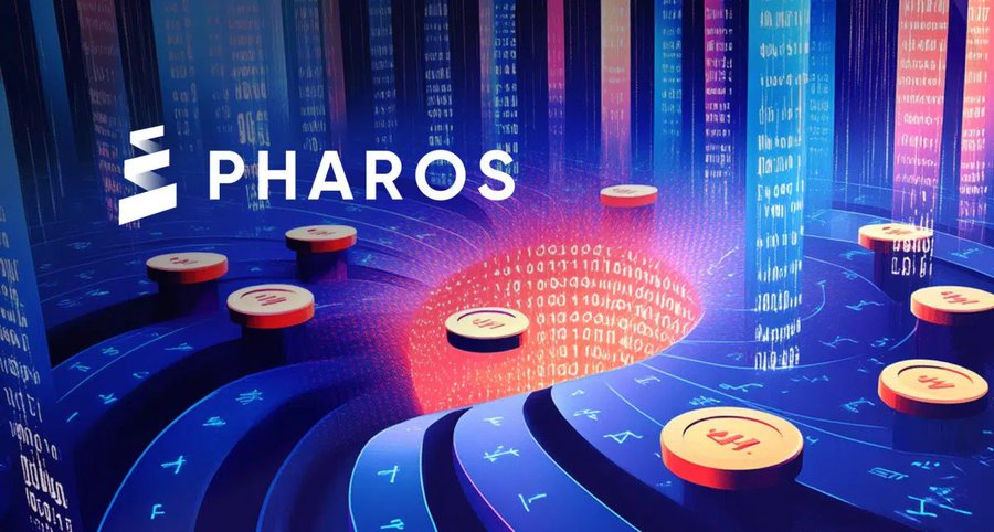 The image is a stylized digital graphic for Pharos, featuring the "PHAROS" name and logo prominently in the center against a vivid blue and red background of cascading data streams and floating tokens with "Ph" markings—visually representing the blockchain network's data-driven infrastructure.

The graphic supports the announcement about APC3M being added as collateral on Pharos, with the flowing code and token imagery symbolizing the new isolated Morpho market that enables USDC borrowing against APC3M positions and the SharpByte USDC vault on the opposite side.
