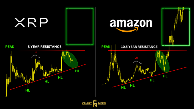 The image presents two graphs side by side, one with XRP symbols and the other with Amazon symbols, both displaying price action over time. The XRP graph shows a consistent upward trend throughout its history, while the Amazon graph experiences peaks and valleys similar to those seen in traditional stock market charts. These graphs display the XRP's consistency and Amazon's fickleness, as well as their ongoing parallel trends in value movements.