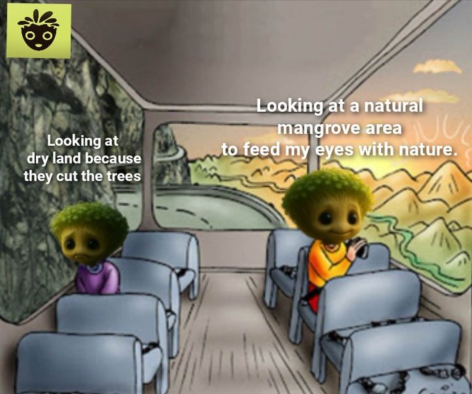 A meme using two cartoon characters on a bus, where the sad one looks out at a deforested area ('Looking at dry land because they cut the trees') and the happy one gazes at a lush natural mangrove area ('Looking at a natural mangrove area to feed my eyes with nature').