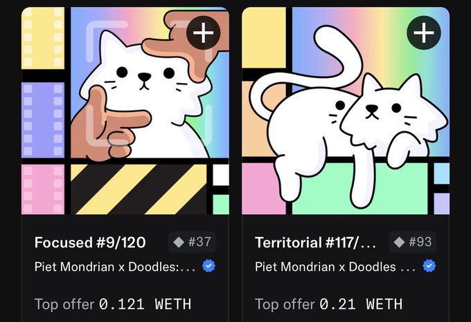 The image shows two posts about cats, one with a white cat and another with a black and white cat. The posts are titled "Focused #9 120" and "#87 0.21 WEH", respectively. Both posts have a focus on cats and their drawings or doodles. The post about the white cat has a caption that reads "Excited to have my first @doodles !!! Call me CatDaaaaddddddddy!!!! Hahahaha Can’t wait until my physical comes!! Big shoutout to @elmonx_official @opensea @veve_official and @doodles on the collab!!!". The post about the black and white cat has a caption that reads "Piet Mondrian x Doodles #87 0.21 WEH".