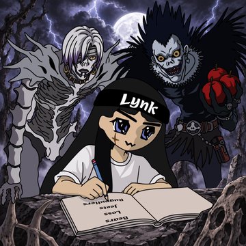 A dark, anime-inspired illustration shows a girl with long black hair and a "Lynk" cap calmly writing in a book labeled "bears, jeers, losses, rugpullers," while two menacing shinigami-like figures loom behind her against a stormy moonlit sky—visually embodying the post's message about facing recurring market fears and scams with quiet resilience.