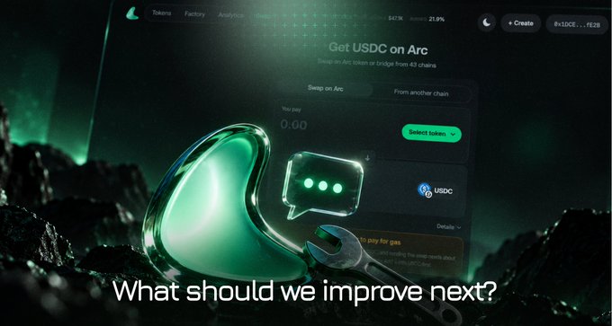 A dark-themed webpage promoting 'Get USDC on Arc' with a glowing green blob character holding a wrench, featuring a token swap interface and the text 'What should we improve next?' at the bottom.
