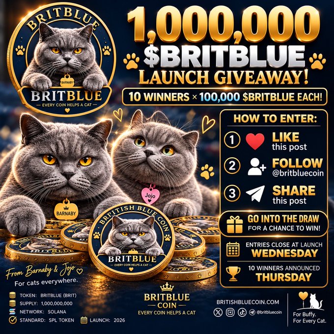 Promotional graphic for 'BRITBLUE' ($BRITBLUE) launch giveaway of 1,000,000 tokens to 10 winners (100,000 each), featuring gray British Shorthair cats, with instructions to like/share/follow @britbluecoin, launching Wednesday on Solana.