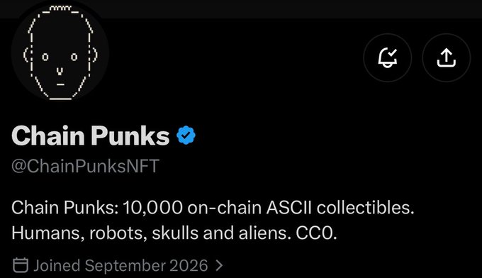 A Twitter/X profile for 'Chain Punks' (@ChainPunksNFT) describing itself as '10,000 on-chain ASCII collectibles. Humans, robots, skulls and aliens. CC0.' Joined September 2026.