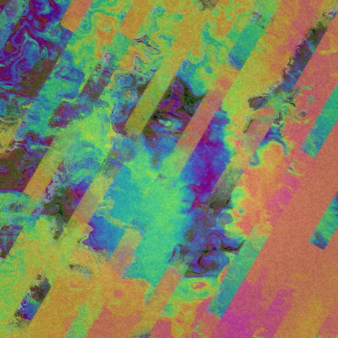 An abstract digital artwork featuring diagonal stripes in shades of green, yellow, orange, and pink, overlaid with colorful, marbled blue and purple textures.