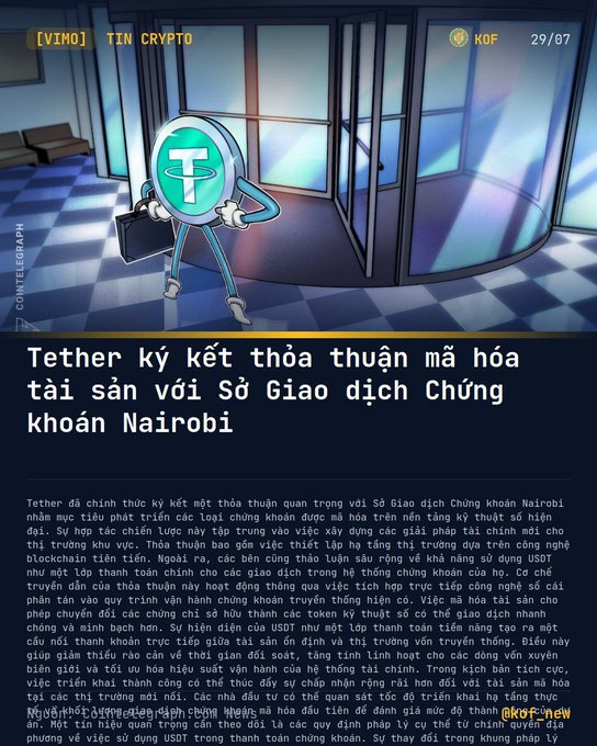 A Cointelegraph article featuring an illustration of the Tether logo with text in Vietnamese announcing a tokenized asset agreement between Tether and the Nairobi Securities Exchange.